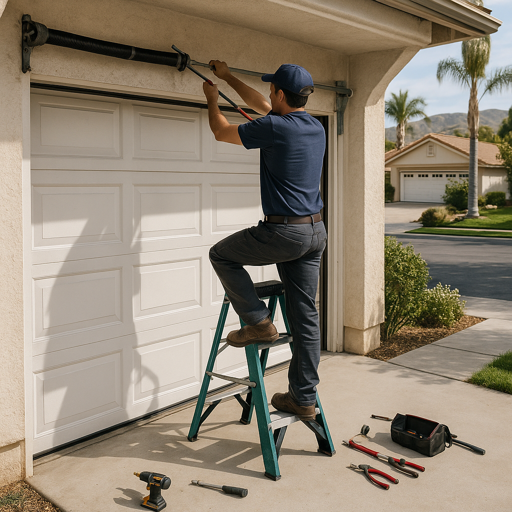Garage door repair technician working on spring