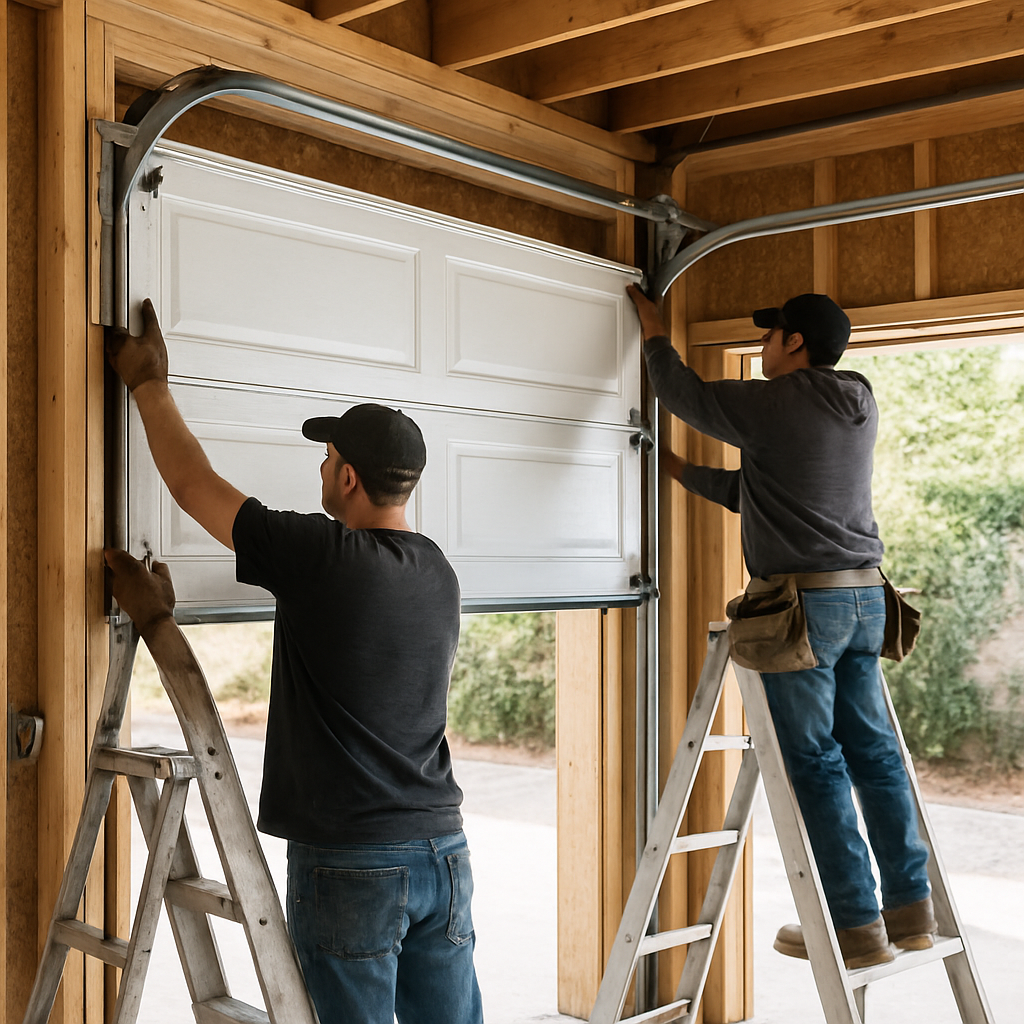 Professional garage door installation service by two installers.