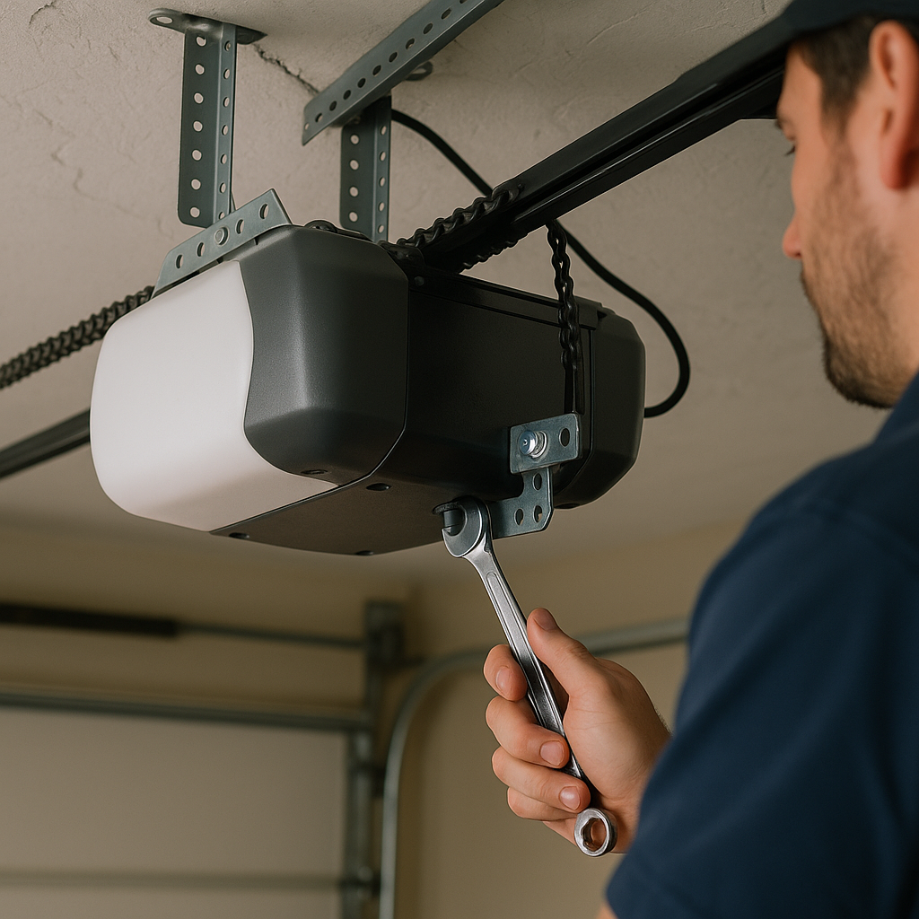 Professional performing garage door opener repair
