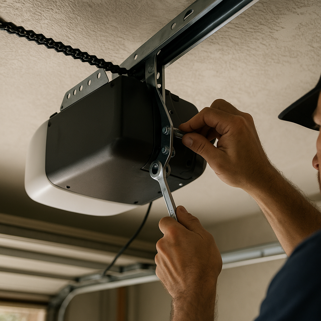 Technician adjusts garage door opener with wrench