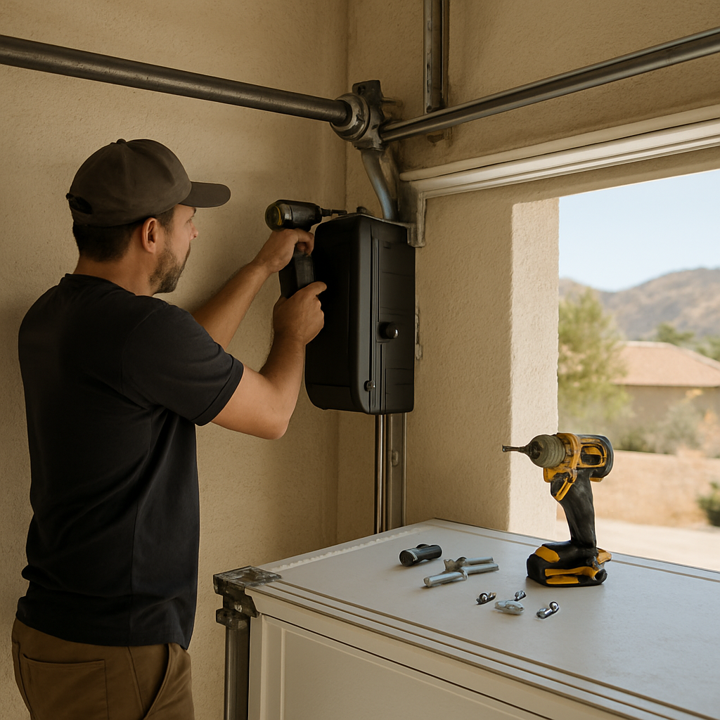 Professional installing garage door opener with drill and tools