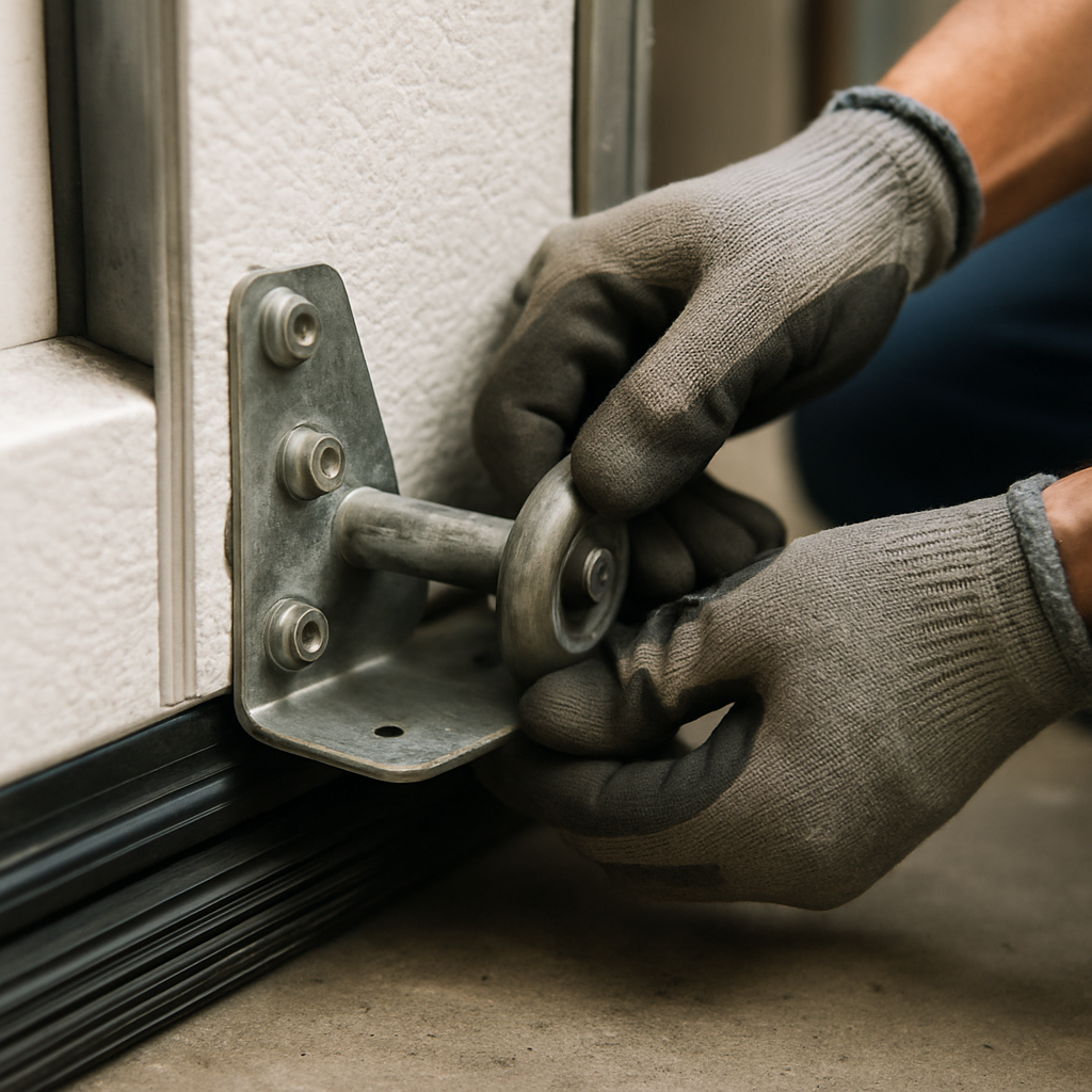 Gloved hands install a garage door roller on a track. in Agoura, CA