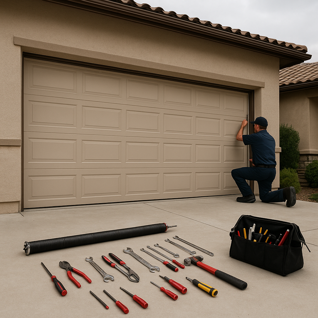 Garage door repair technician with tools and parts. in Agoura, CA