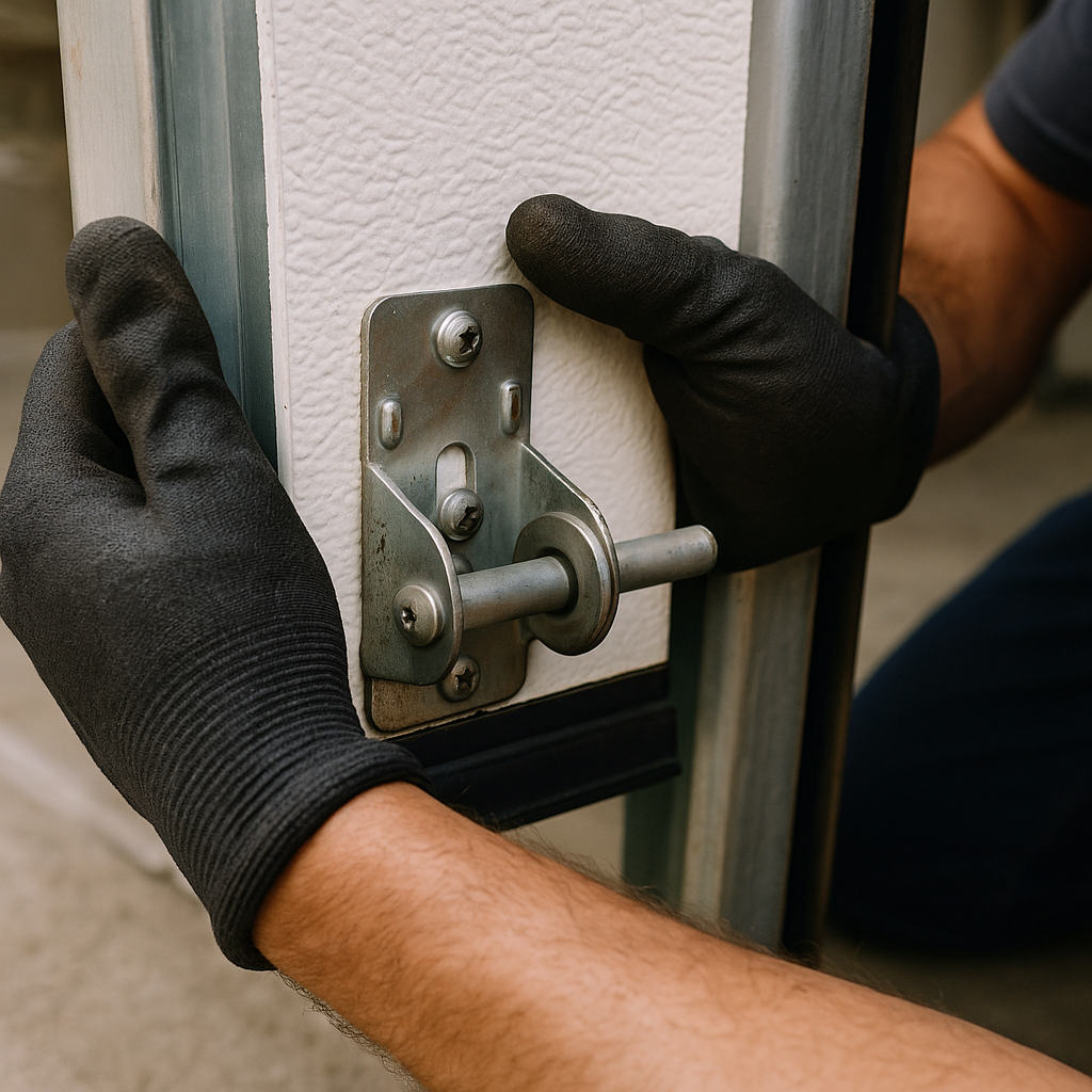 Professional working on emergency garage door mechanism with gloved hands in Moorpark, CA